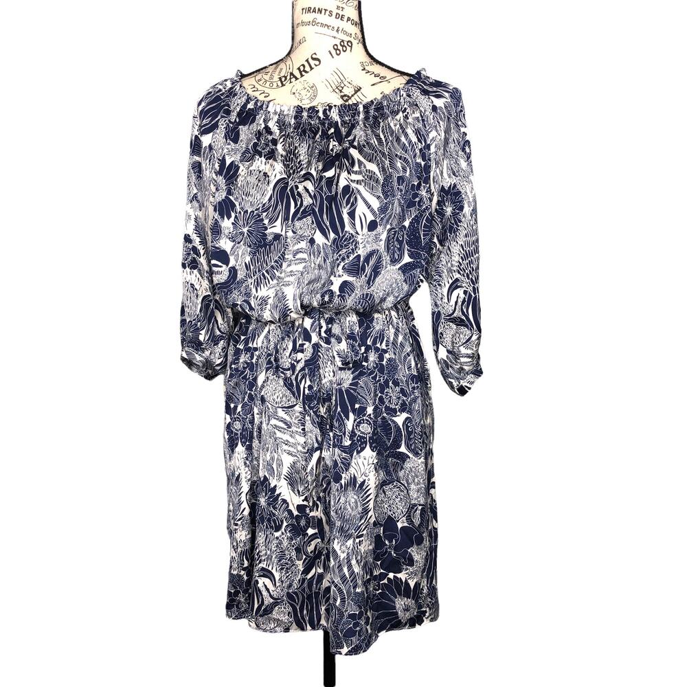 H&M (2) Floral 3/4 Cuff Sleeve Elastic Square Neck Waist Tie Shift Dress
